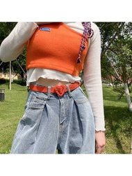 1條時尚糖果色心形扣帆布腰帶 - 適用於女士休閒牛仔褲和裙子