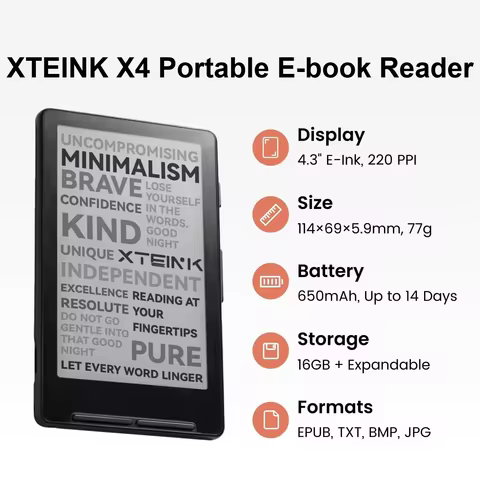 XTEINK X4 E‑Reader 4.3 Inch Magnetic Portable E-Ink Reader Support Multiple Formats No Blue Light Eb