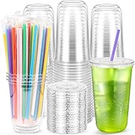 100PCS Clear Plastic Cups with Lids and Straws, Disposable Coffee Smoothie Juice Bubble Tea Cups To 