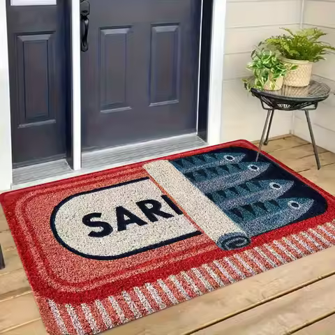 Sardine Can Doormat, Red White Pattern Flannel Rug, Thickened Absorbent Non-Slip Door Carpet for Ent