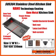 L750*W430*H230mm NANO Technology Coating Stainless Steel SUS304 Gun Metal Kitchen Sink Set