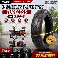 RYDO 3 Wheel E-Bike Tubeless Tyre 3.00-8 Electric Tricycle Tyre Heavy Duty Replacement Tire