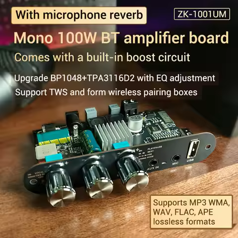 ZK-1001UM DC 9-24V Mono 100W Bluetooth Amplifier Board Module Upgrade BP1048+TPA3116D2 Amplifier Chi
