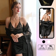 JUNA Freesize Sexy 2-Piece Nightgown and Robe Set Fashion Sleepwear for Women, Lace Silk Fabric, Bla