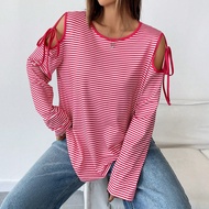 Áo thun nữ cổ tròn tay dài hở vai'sọc đỏ trắng mùa thu có dây rút, dáng rộng, áo phông họa tiết cho 