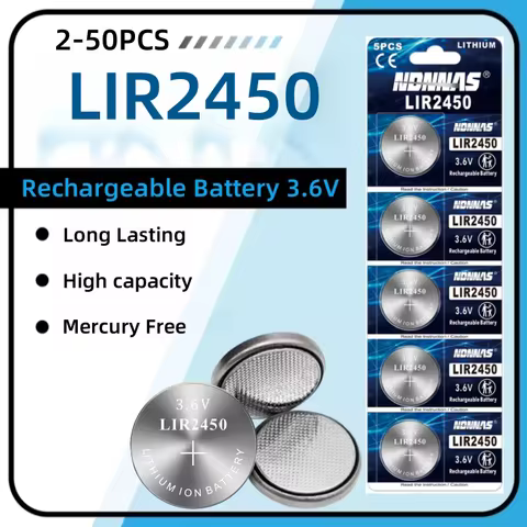 5-60Pcs Rechargeable 2450 Batteries 3.6V High Capacity Rechargeable LIR2450 Lithium Coin Button Batt