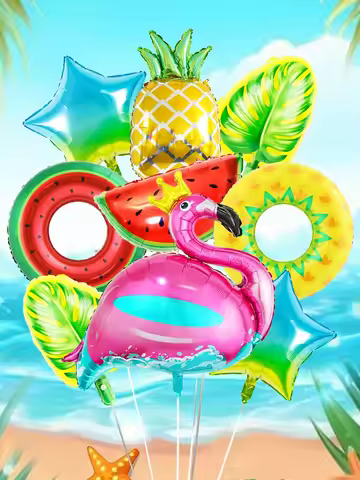 9pcs Flamingo Tropical Aluminum Foil Balloon Set for Hawaiian Parties, Birthday Parties, Summer Swim
