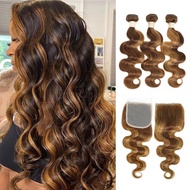 ALHER 4/27 Honey Blonde Highlight 3 Bundles with 4x4 Lace Closure Body Wave (16 18 20 + 16), Bundles