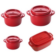 🇯🇵直送日本製造 1套4件 YAMADA BONHEUR 山田防漏保鮮食物盒便當盒水果盒飯盒鑄鐵鍋造型容器耐熱圓形長方形紅色 550mL 440mL 310mL 150mL 4 Pcs Set Foo