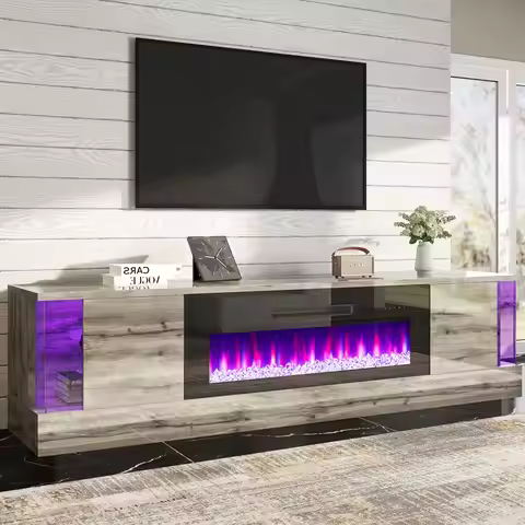 Glossy Oak TV Stand With 40 Inch LED Fireplace Entertainment Center For TVs Up To 90 Inch Modern Liv