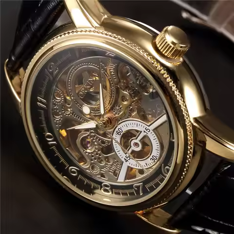 MG. ORKINA Luxury Clock Men Leather Belt Retro Black Golden Skeleton Dial Relogio Male Masculino Mec