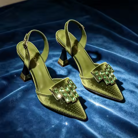 Elegant Olive Green Satin Slingback High Heels for Women - Pointed Toe with Purple Geometric Rhinest