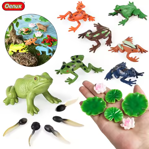 Oenux Pond Lake Animals Frog Model Simulation Lotus Leaf Tadpole Action Figures PVC Miniature Cute E