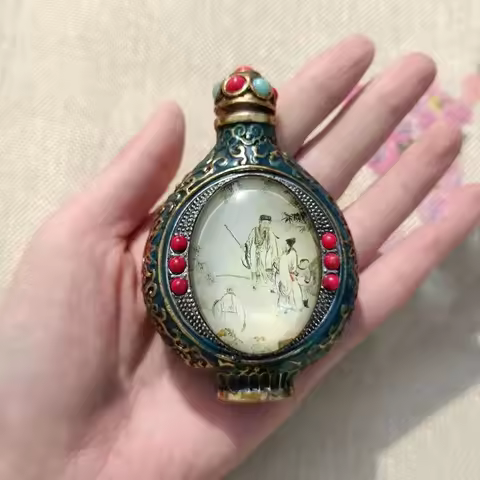 Antique Collection Double Sided Pure Copper Snuff Bottle Double Sided Painting