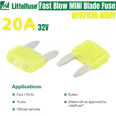 100PCS Littelfuse 20A 32V Fast-Acting MINI Blade fuse LF 32Vdc 20Amp 0297020.WXNV Yellow Transparent