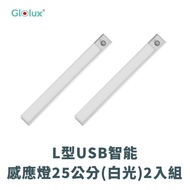 【Glolux】L型USB智能感應燈25公分(白光)2入組