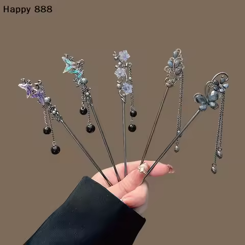 Flower Hairpin: Neo - Chinese Style Hair Sticks With Ink - Colored Flower Tassels,Elegant Metal Jewe
