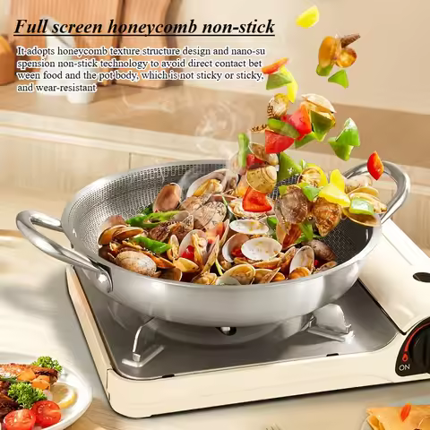 410 gradestainless steel double ear frying pan honeycomb non stick pan household frying pan inductio