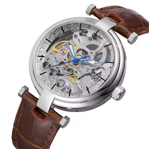 FORSINING Men's watch Simple casual hollow-out nail scale blue pointer mechanical watch Circular bel