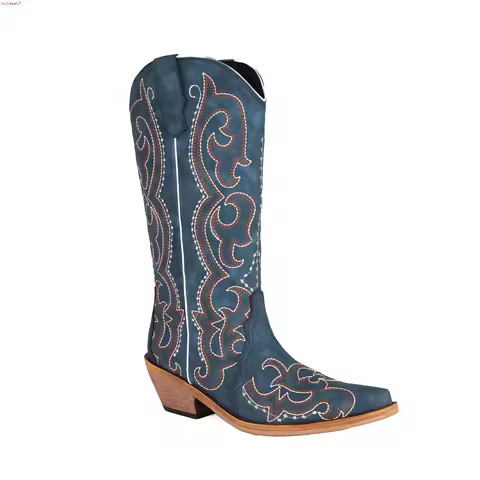 Women's Cowgirl Boots Blue Comfortable Cowboy Western Boots Wide Calf Leather Embroidery Dapper Shoe