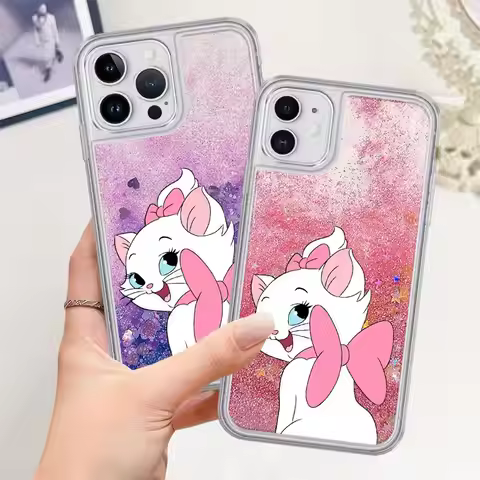 Disney Marie Cat Glitter Dynamic Liquid Quicksand Cover Case for Apple iPhone 11 15 Plus 16 Pro Max 