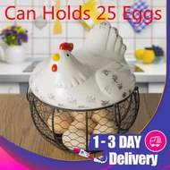 Large Stainless Steel Mesh Wire Egg Storage Basket with Ceramic Farm Chicken Top and Handles