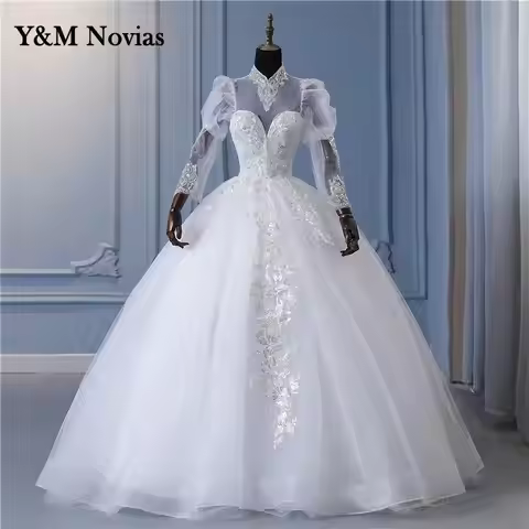 Y&m Novias High Neck Beaded Full Sleeve Wedding Dress Vintage Lace Wedding Dress For Party Women Bri