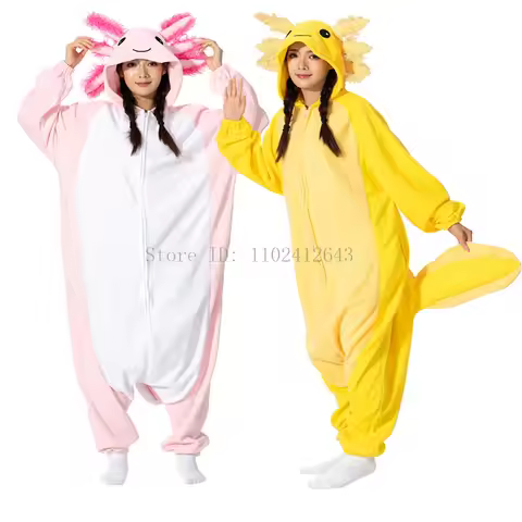 Halloween Onesie For Women Men Adult Child Animal Kigurumis Pyjamas Cartoon Yellow Pink Axolotl Paja