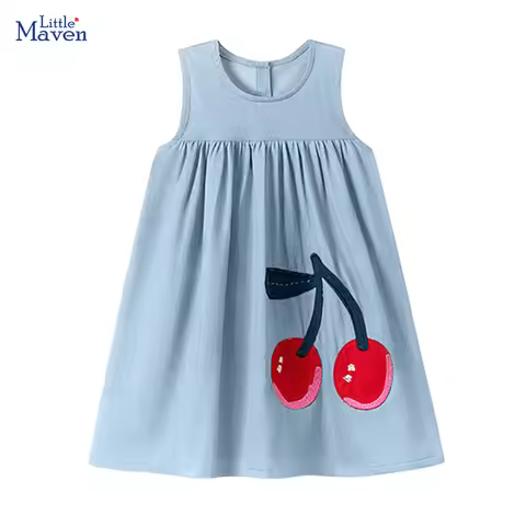 Little maven Children's Clothing Baby Girls 2026 Summer Cartoon Casual Cherry Denim Dresses Kids Clo