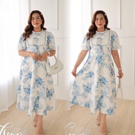 [XL-7XL]White Dress With Blue Flowers Print Plus Size | Flower Label Work