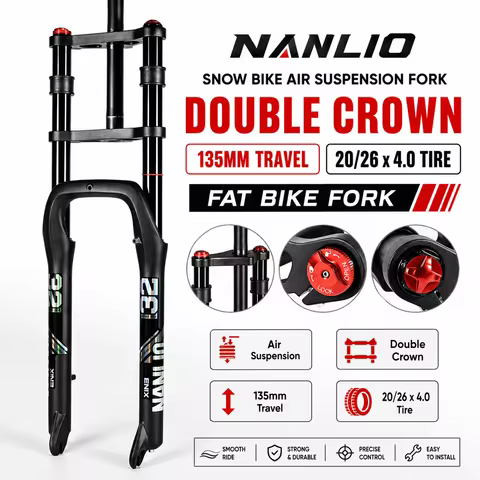 Nanlio Double Crown Fat Bike Air Suspension Fork 20/26x4.0 Tire MTB E-Bike Fork 135mm Travel Snow Bi