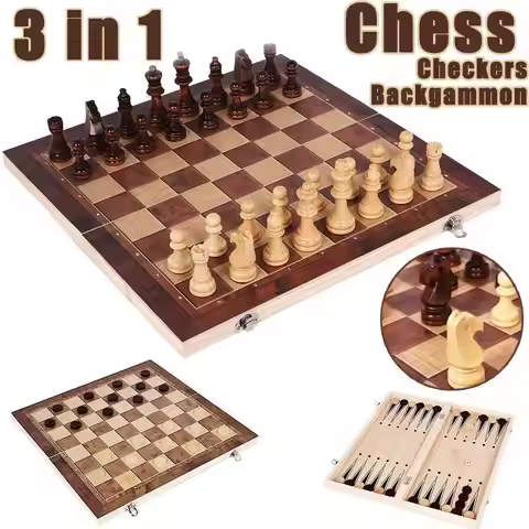 3 in 1 Chess Board, Folding Wooden Portable Chess Game Board, Wooden Chess Board for Adults(Chess + 