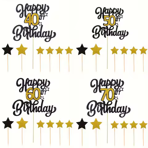 7pcs set Black Gold Glitter Adult Birthday Party Cake Topper 21 30 40 50 60 70 Years Old Birtday Cak