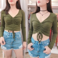 F508 Long-sleeved drawstring crop top