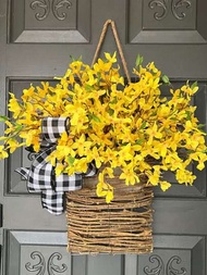 1入組黃色花卉和經典蝴蝶結裝飾環形插花籃,適用於春季和夏季的節日別墅、農舍、戶外窗戶、鄉村室內裝飾