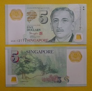 Singapore 5 dollar  Polymer (UNC) 1pcs Banknote  random number (Buy 2 or more for running numbers)/新