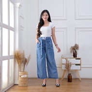 Celana Kulot Jeans Gesper Tali Pinggang Karet Wanita Celana Panjang Wanita Celana Jeans Highwaist Wa