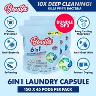 BEAUTEX 6 in 1 Laundry Capsulen-10X DEEP CLEANING + INDOOR DRYING (Bundle Pack 3 pack X45s)