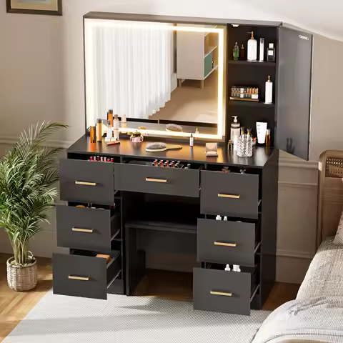 Wooden dressing table with stool/7 drawers/mirror/adjustable brightness suitable For makeup bedroom 
