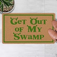 Welcome Door Mat Get Out of My Swamp Green Outdoor Indoor Entrance, Low-Profile Floor Mats Non Slip 