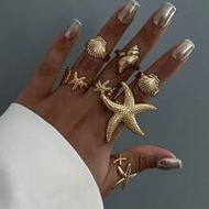 7pcs/Set Vintage Smooth Plain Rings, Bohemian Starfish Personalized Rings, Fashion Rings