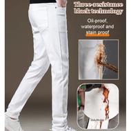 Men's Slim Fit Long Pants Tencel Jeans White Stretch Jeans 防油防水男士白色牛仔裤