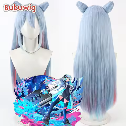 Bubuwig Synthetic Hair Neo Cosplay Wigs With Buns Monster Strike Neo 80cm Long Straight Light Blue M