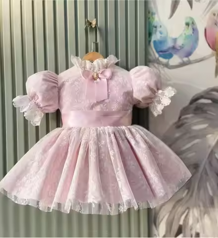 0-12Y Baby Girl Summer Pink Mesh Vintage Princess Ball Gown Dress for Party Eid Birthday Photography