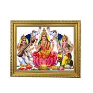 Goddess Maha Lakshmi, Ma Saraswati and Lord Ganesha Designer Golden Photo Frame (1) for Diwali, Deepavali Pooja, Prayer &amp; Decor