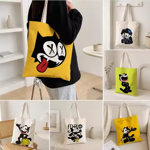 Character Felix the Cat Storage Bags Polyester Canvas Foldable Tote Bag Lightweight Reusable Shoppin
