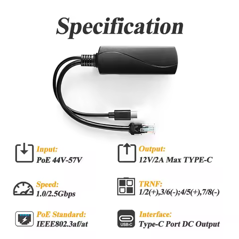 Revotech 2.5 Gigabit PoE Splitter 48V To 12V/2A Type-C 1000Mbps/2.5Gbps Power over Ethernet IEEE 802