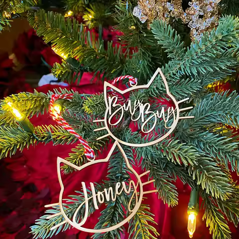 Personalized Christmas Bauble Gift Tags, Custom Christmas Cat Ornament, Wooden Ornament Ball with na