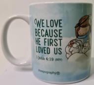 NEW ARRIVAL Sheepography:  Mug with Bible Verse 1 John 4:19.  "We love because He first loved us" A 