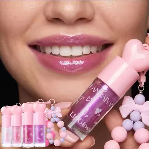 4 Colors Bowknot Bracelet Keychain Lip Oil, High Shine Hydrating Glitter LipGloss, Mirror Water Lip 